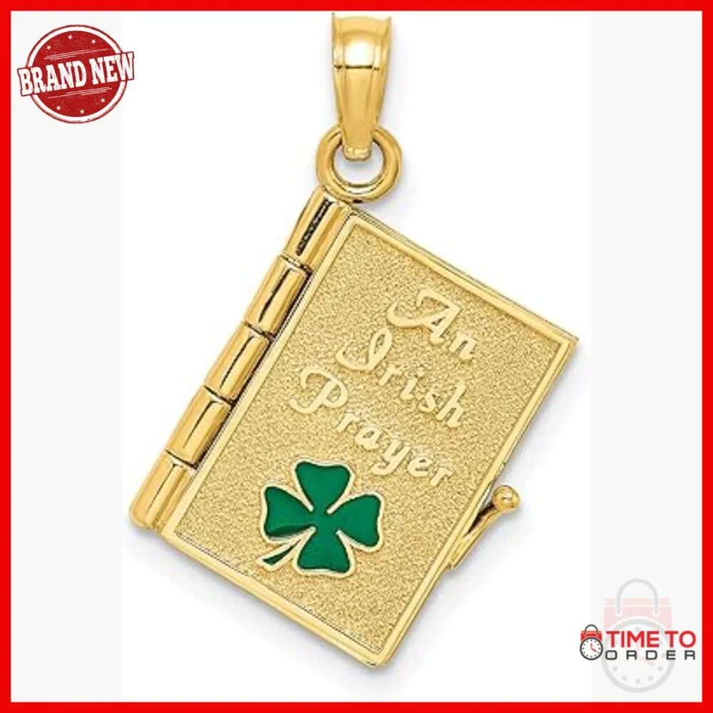 10k Yellow Gold Book Locket Pendant with Shamrock Charm, Religious Keepsake